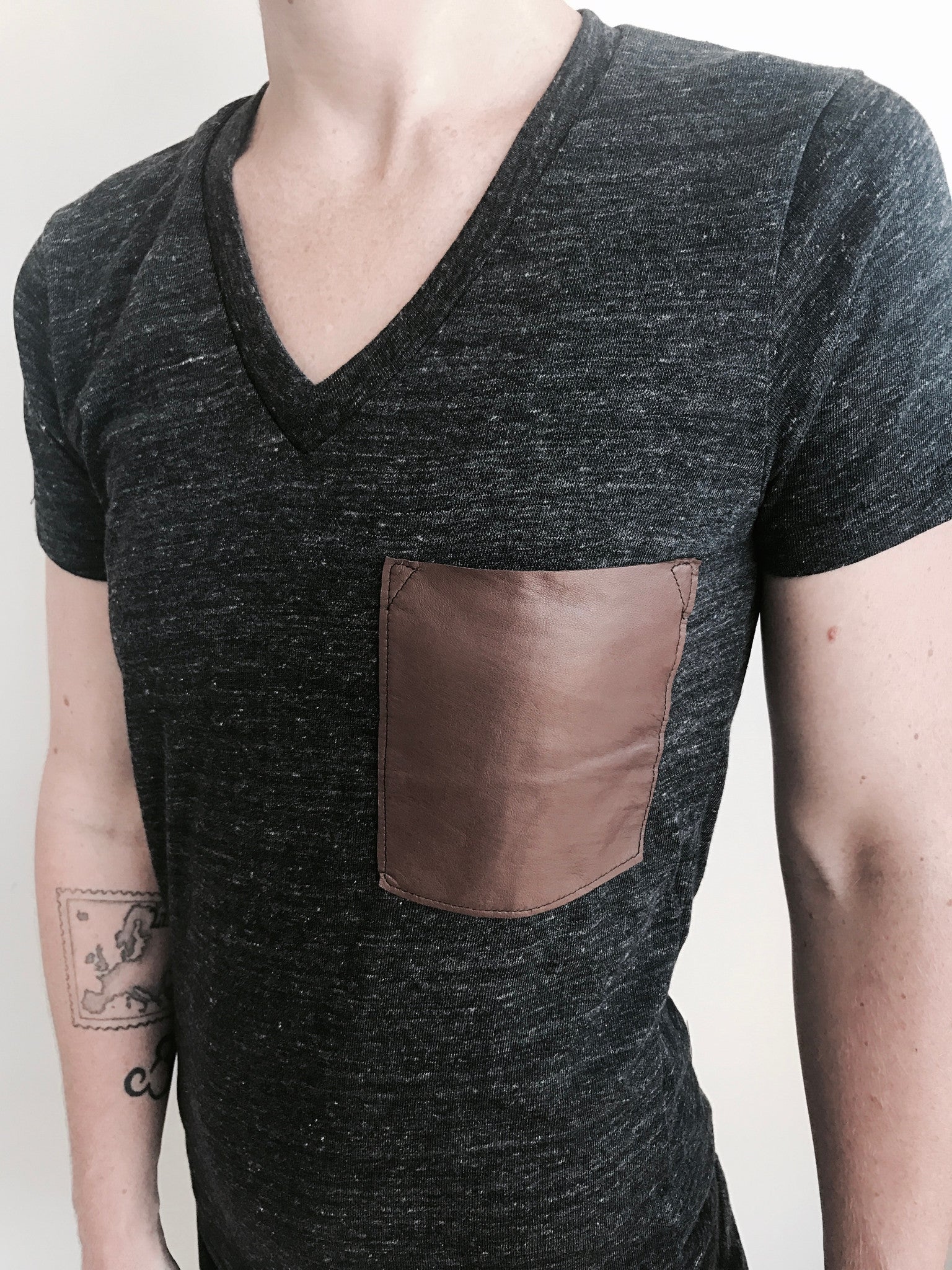 Leather Pocket V Neck